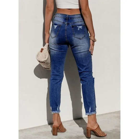 Women's Distressed Straight Leg Boyfriend Jeans Premium Denim Casual Wear - Picture 6 of 6